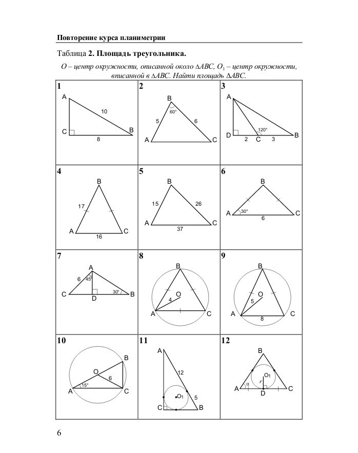 Геометрия 8 класс решение треугольников. Повторение курса планиметрии таблица 2 площадь треугольника решение. Повторение курса планиметрии таблица 1 решение треугольников. Площадь треугольника задания на готовых чертежах. Повторение курса планиметрии таблица 2 площадь треугольника.